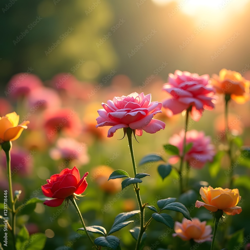 Radiant Rainbow Roses A Stunning Blooming Display on Sunlit Meadow Radiant Rainbow Roses A Stunning Blooming Display on Sunlit Meadow