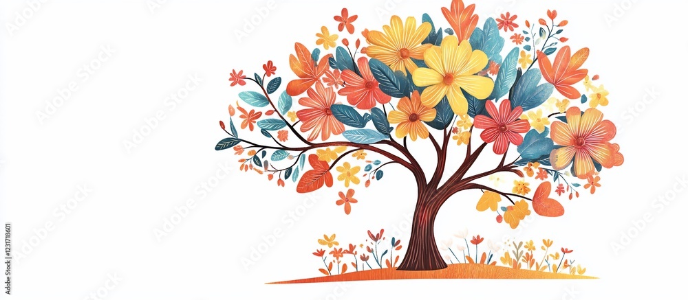 Fototapeta premium Colorful floral tree illustration, white background, garden scene, website design