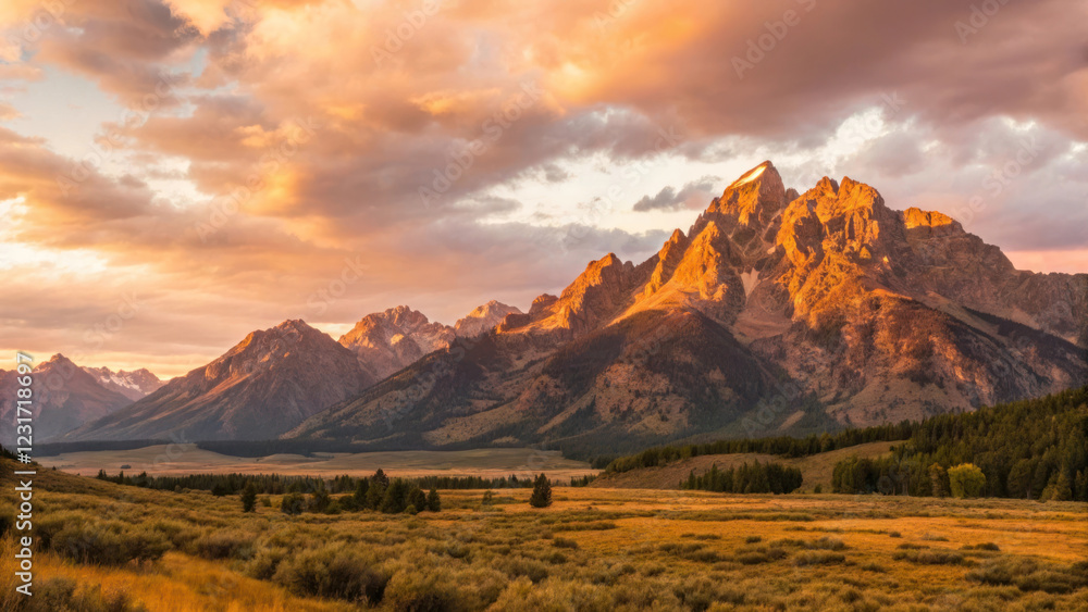 Majestic mountain range under golden sunset, showcasing vibrant colors and dramatic clouds. serene landscape invites exploration and admiration Majestic mountain range under golden sunset, showcasing vibrant colors and dramatic clouds. serene landscape invites exploration and admiration