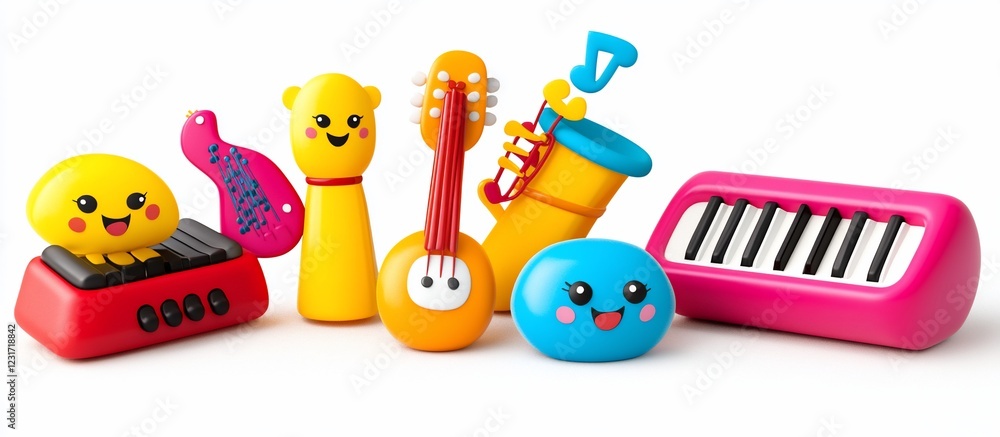 Obraz premium Colorful toy instruments on white; keyboard, sax, ukulele; music education