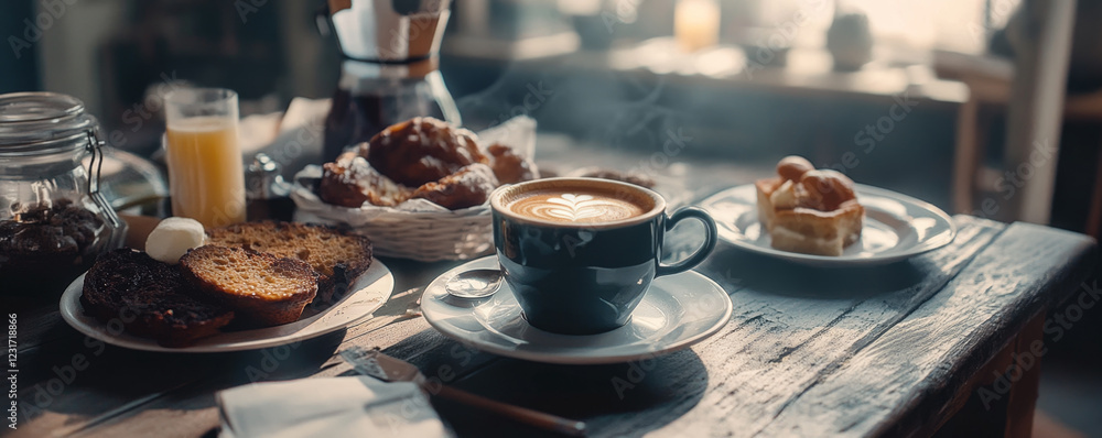 Fototapeta premium Rustic Breakfast Spread with Coffee and Pastries