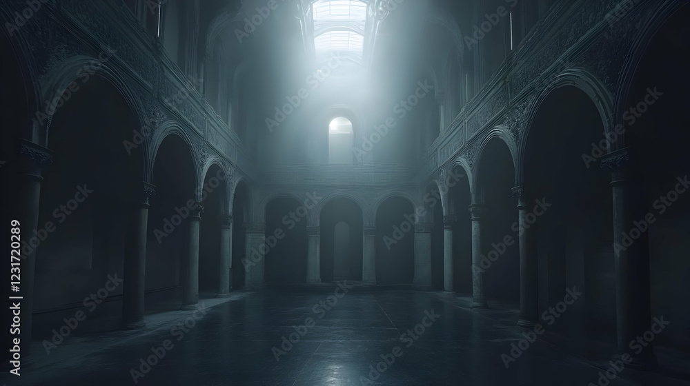 Fototapeta premium Ancient hall, sunlit, stone arches, misty air, mystery