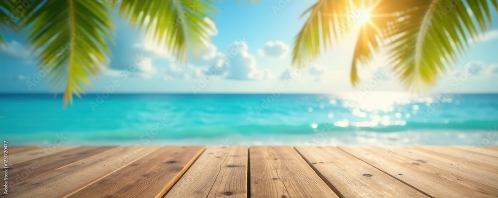 Tropical beach scene, blurred ocean, sun, clouds, wooden table Ideal for product placement , table, texture Tropical beach scene, blurred ocean, sun, clouds, wooden table Ideal for product placement , table, texture