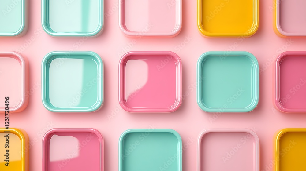 Colorful Square Trays Arranged in a Pattern on a Soft Pink Background for Modern Home Decor and Table Settings Colorful Square Trays Arranged in a Pattern on a Soft Pink Background for Modern Home Decor and Table Settings