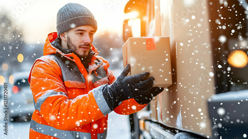 Photo. Winter Delivery Worker Loading Package onto Truck in Snowy Weather