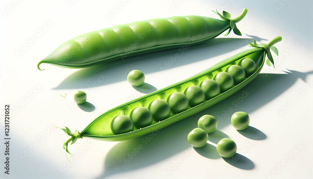 Vegetables A close-up view of two green pea pods, one open to reveal seven peas inside, with three loose peas s4 Vegetables A close-up view of two green pea pods, one open to reveal seven peas inside, with three loose peas s4