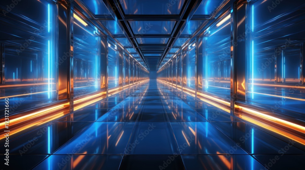 Futuristic neon corridor, glowing lights, reflective floor, abstract background, virtual reality Futuristic neon corridor, glowing lights, reflective floor, abstract background, virtual reality