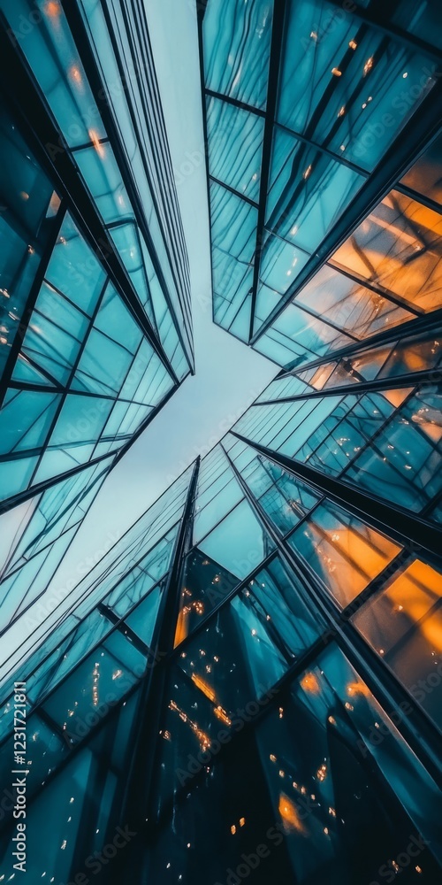 Dynamic view of contemporary glass buildings with reflections of sky and city lights, showcasing modern urban architecture. Dynamic view of contemporary glass buildings with reflections of sky and city lights, showcasing modern urban architecture.