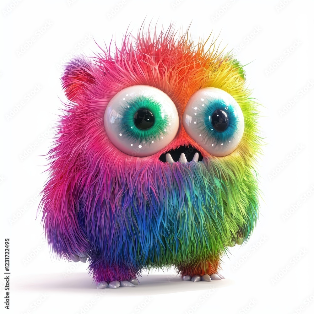 Fototapeta premium Multi-eyed rainbow monster with sparkly fur, placed on a bright white background