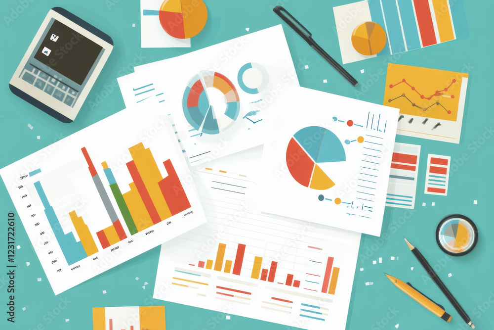 Quality assurance meeting with charts, graphs, and analysis tools. workspace features colorful data visualizations, calculator, and stationery, creating organized and productive atmosphere Quality assurance meeting with charts, graphs, and analysis tools. workspace features colorful data visualizations, calculator, and stationery, creating organized and productive atmosphere