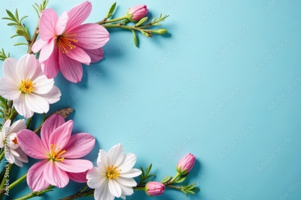 Delicate spring blooms arranged in a frame on a serene blue backdrop Plenty of copy space , spring, spring mockup Delicate spring blooms arranged in a frame on a serene blue backdrop Plenty of copy space , spring, spring mockup