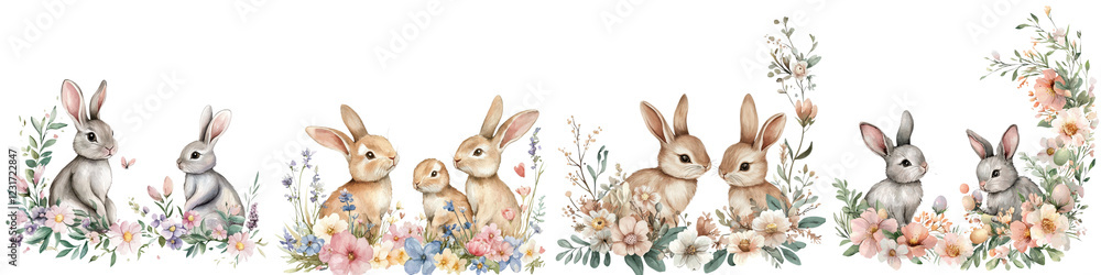 A group of adorable rabbits and hares in various poses hopping grazing and frolicking amidst a vibrant field of blooming spring flowers and lush greenery in a serene picturesque pastoral landscape A group of adorable rabbits and hares in various poses hopping grazing and frolicking amidst a vibrant field of blooming spring flowers and lush greenery in a serene picturesque pastoral landscape