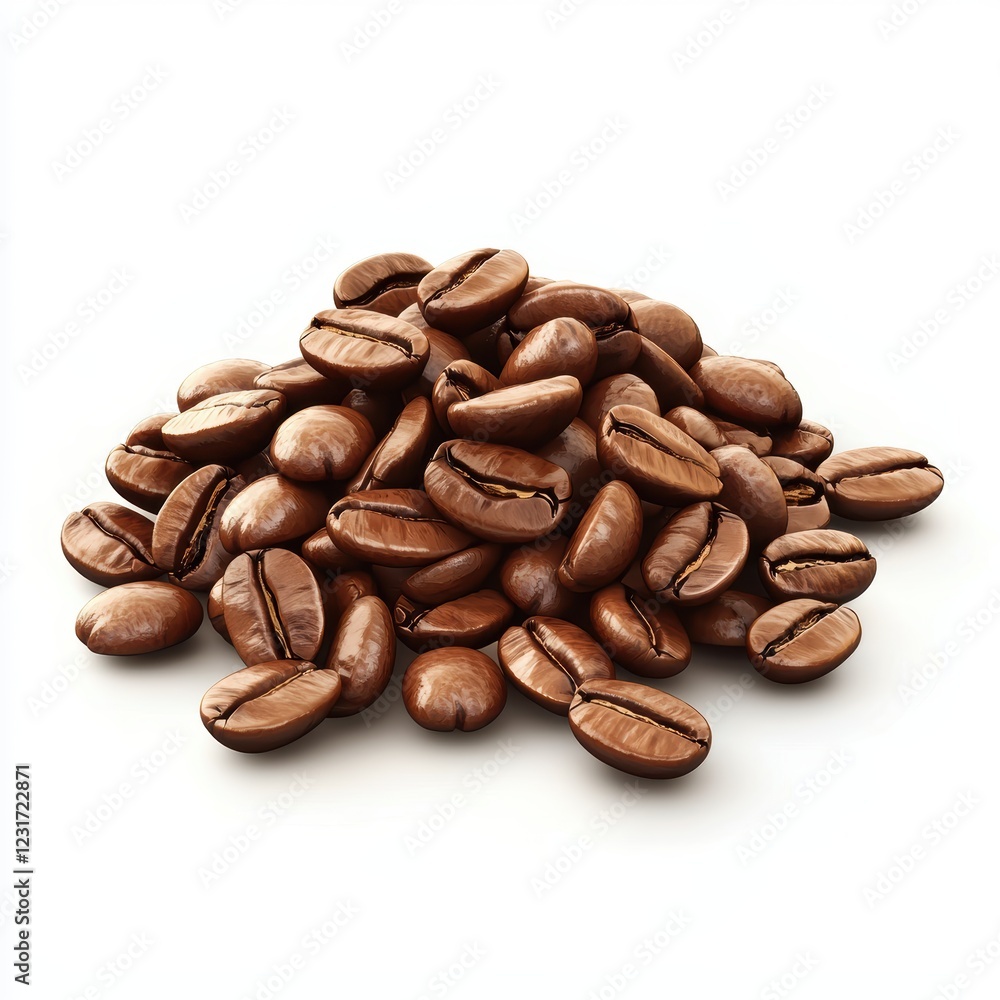 Neatly arranged pile of roasted coffee beans with a glossy surface, isolated on a clean white background
