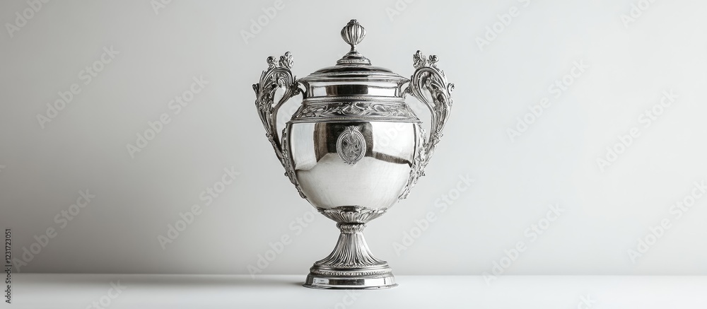 Elegant silver trophy prominently positioned in the center against a soft white background highlighting its intricate design and reflective surface. Elegant silver trophy prominently positioned in the center against a soft white background highlighting its intricate design and reflective surface.