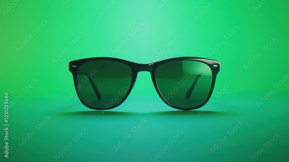 Stylish black sunglasses with green lenses, presented against a vivid green background Stylish black sunglasses with green lenses, presented against a vivid green background