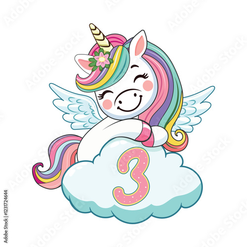 Cute humble unicorn with horn and wings hugs cloud with number 3 on white background. Poster, Banner, Flyer, Greeting Card. Vector illustration in flat cartoon style