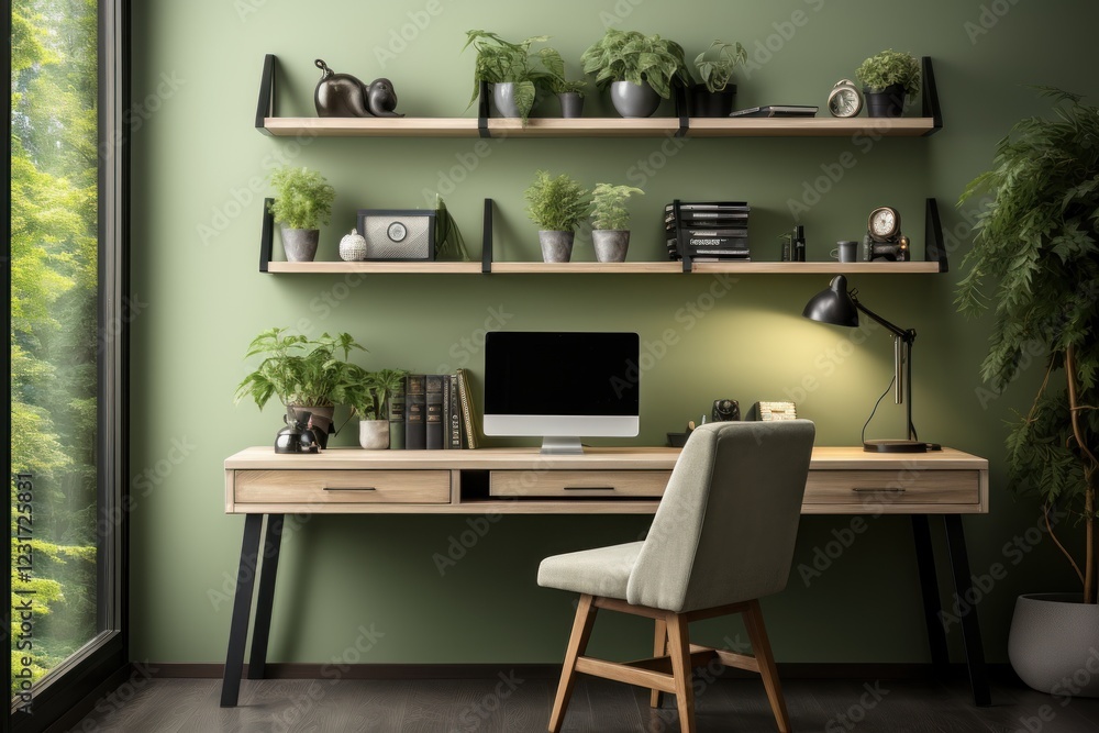 Modern home office desk plants green wall workspace