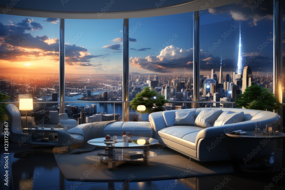 Fototapeta premium Luxury apartment sunset cityscape panorama view