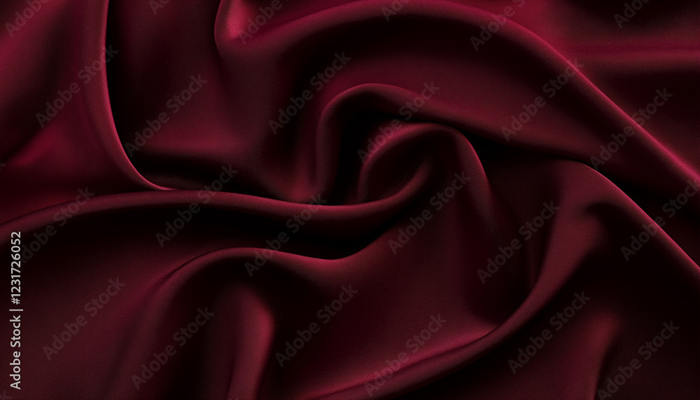 Obraz premium A high-resolution, photorealistic image of deep burgundy silk fabric with smooth folds and subtle sheen, set against an isolated dark background. The texture is detailed and realistic, capturing the s