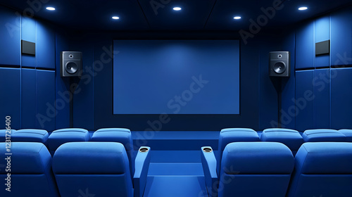 3D Illustration Empty Home Theater Room Interior Design Blue Seats Screen Speakers