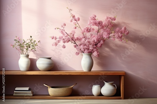 Pink blossoms, vases, shelf, sunlit room, home decor photo