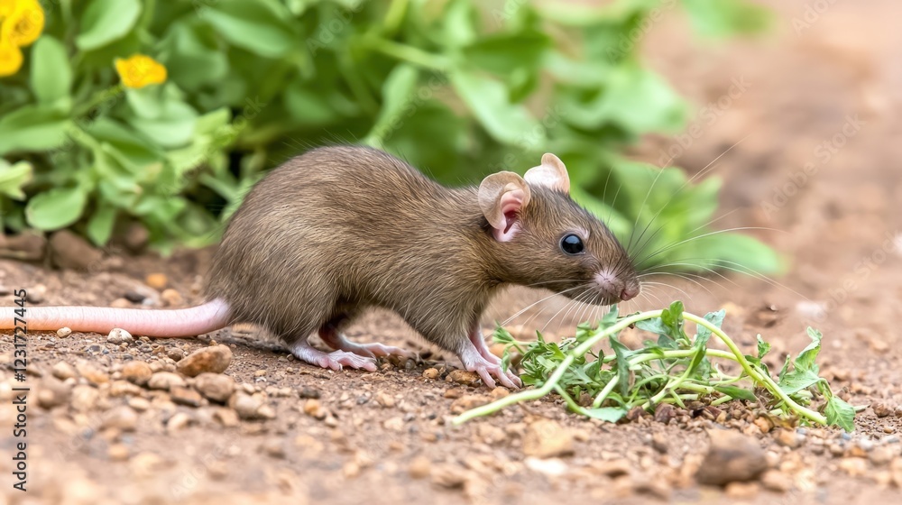 Brown Rat Foraging on Green Plants Outdoors Brown Rat Foraging on Green Plants Outdoors