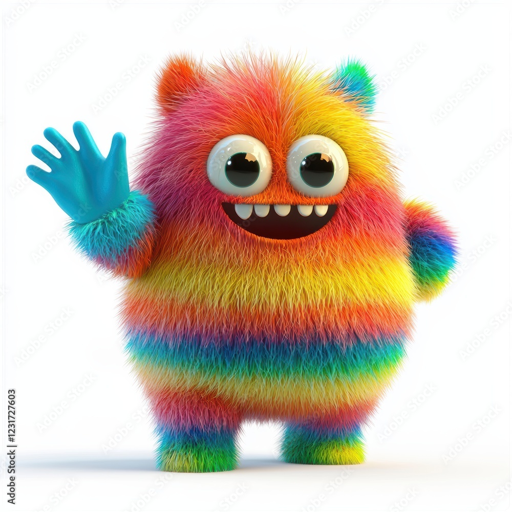 Rainbow-striped monster with soft fluffy fur and a friendly wave, placed on a bright white background Rainbow-striped monster with soft fluffy fur and a friendly wave, placed on a bright white background