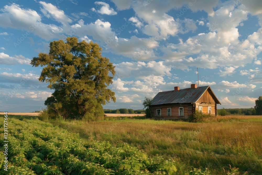 Old wooden country house is standing on a green field under a scenic summer sky Old wooden country house is standing on a green field under a scenic summer sky