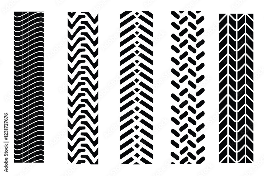 Fototapeta premium Car tire tracks vector, icon design. Tire treads, silhouette of tread marks for cars and vehicles. Wheel tires traces, motorcycle, car tread tracks, vehicle racing isolated icons. Vector illustration.