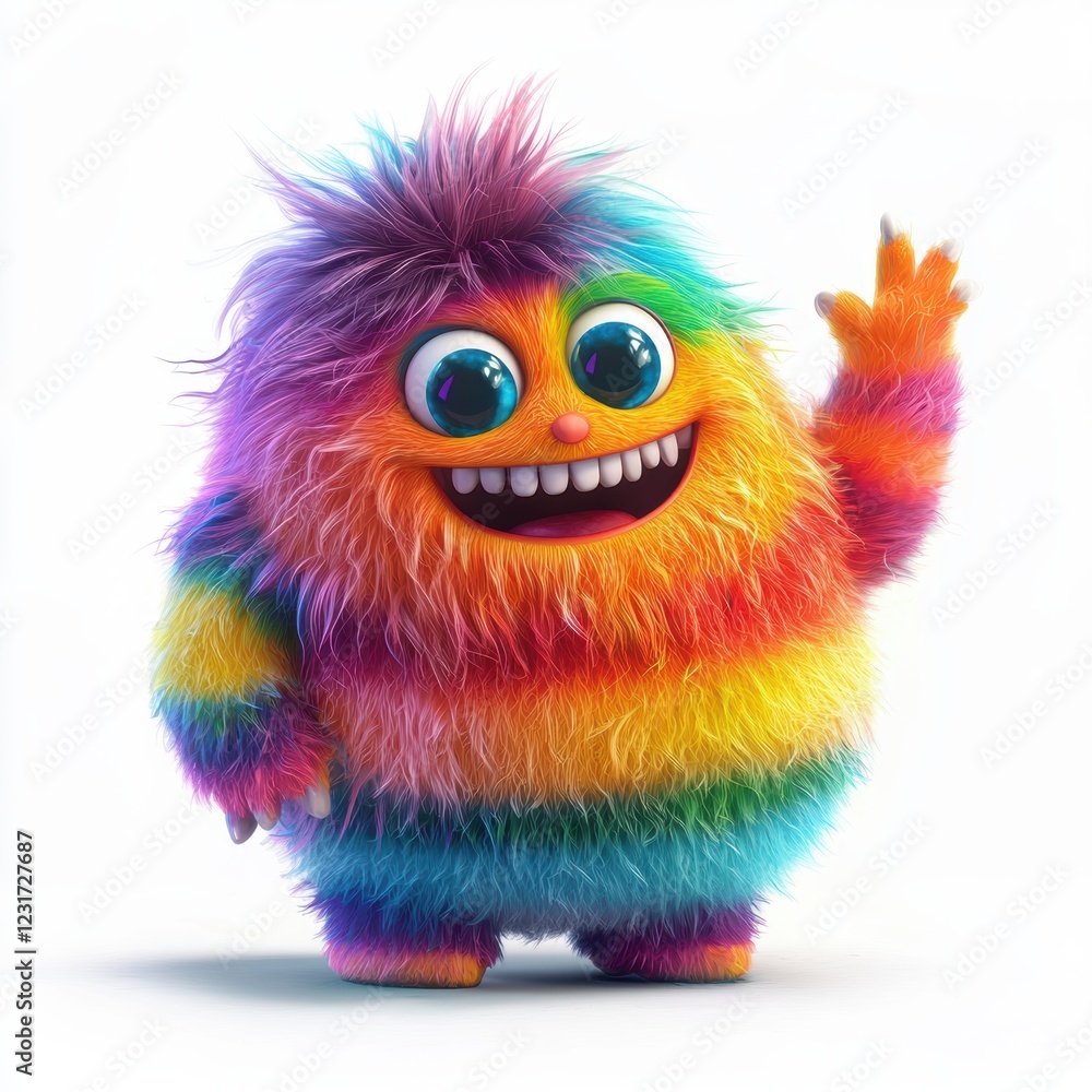 Rainbow-striped monster with soft fluffy fur and a friendly wave, placed on a bright white background Rainbow-striped monster with soft fluffy fur and a friendly wave, placed on a bright white background