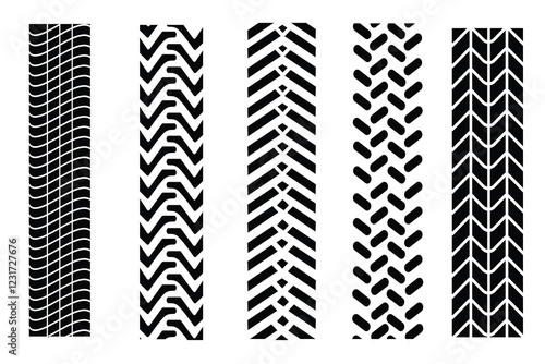 Car tire tracks vector, icon design. Tire treads, silhouette of tread marks for cars and vehicles. Wheel tires traces, motorcycle, car tread tracks, vehicle racing isolated icons. Vector illustration.