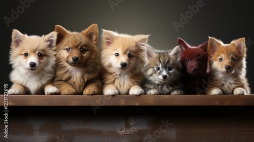 Adorable puppies posing on wood, studio backdrop