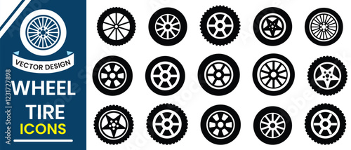 Wheel tires vector icon set design. Set of wheels tire icon, vector silhouette. Black rubber tire symbol. Car tire tread tracks, motorcycle racing wheels tires sign. Vector illustration.