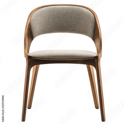 Modern solid wood dining chair with a curved backrest and fabric seat, front view, white background, high-resolution photography, texture detail. photo