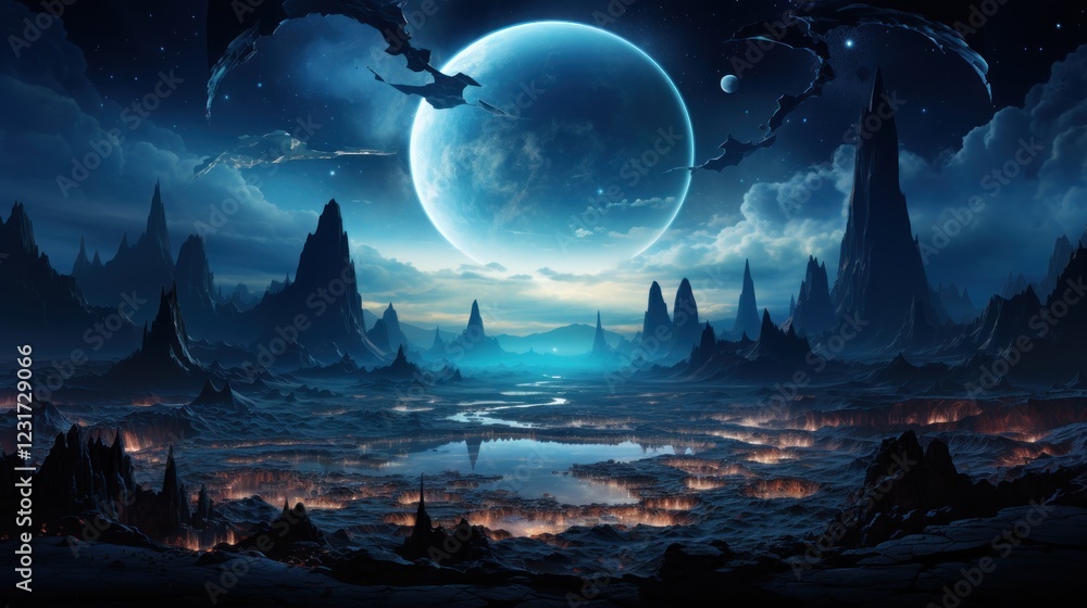 Obraz premium Alien Planet Night Sky Mountains Lake Fantasy Wallpaper