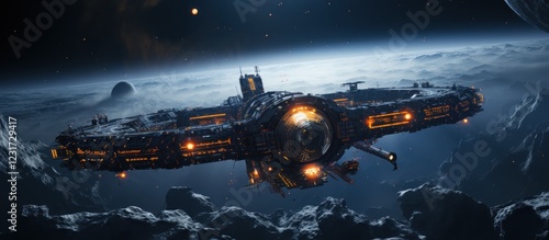 Wallpaper Mural Spaceship orbiting planet, asteroid field background, game asset Torontodigital.ca