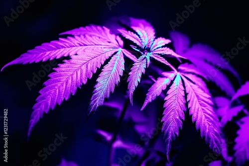 Purple cannabis leaves on a black background. Close-up. Bright colorful hemp background. photo