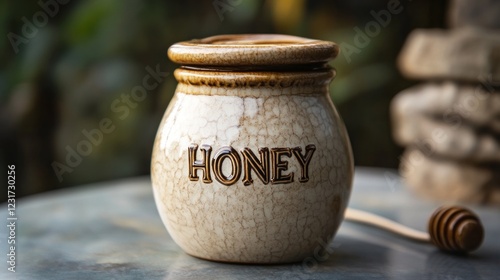 Ceramic honey pot with wooden honey dipper.