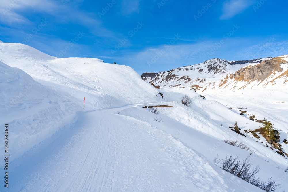 Winter landscape on the First mountain in Swiss Alps in Grindelwald ski resort, Switzerland Winter landscape on the First mountain in Swiss Alps in Grindelwald ski resort, Switzerland