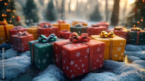 Gift boxes in different colors tied with a ribbon and bow.