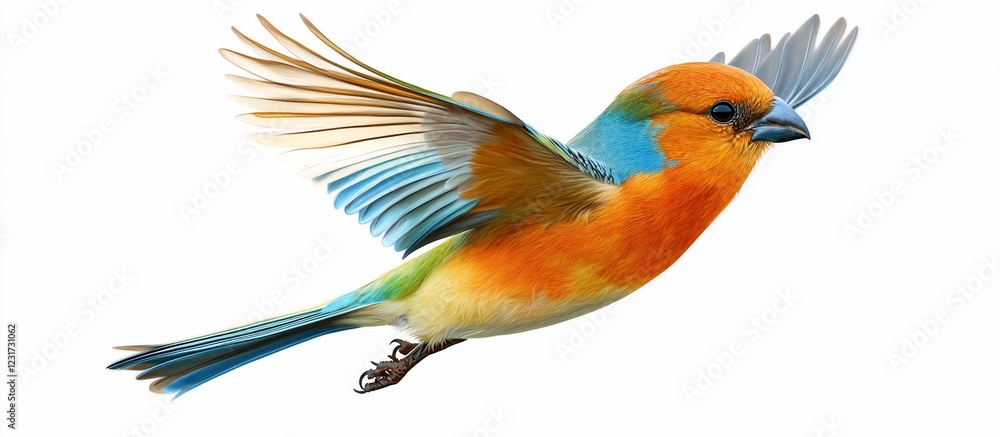 Obraz premium Colorful bird in flight, white background, vibrant plumage, nature imagery