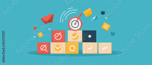 Achieve business goals with colorful wooden cubes symbolizing targets, surrounded by envelopes and icons representing communication and success