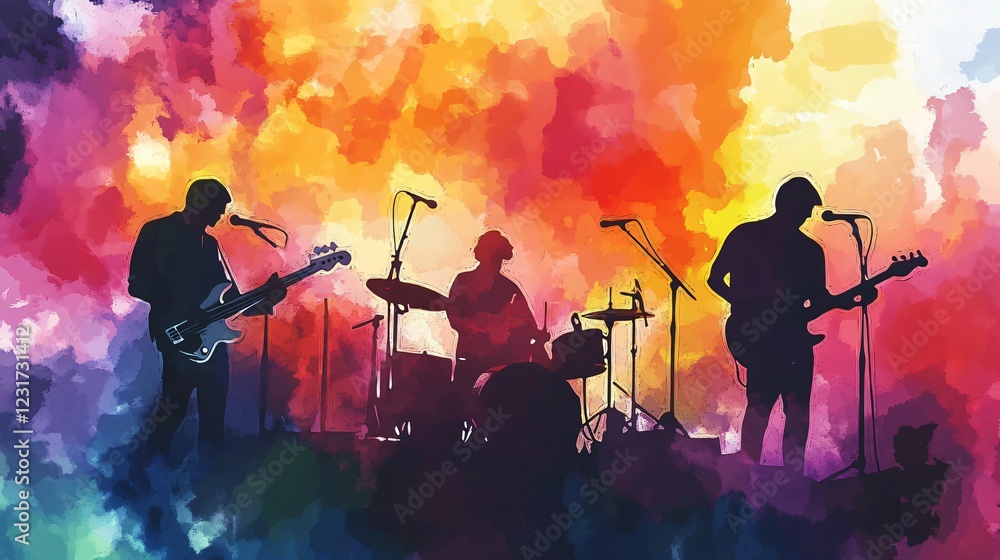 Fototapeta premium Vibrant Watercolor Illustration of Band Live Performance on Street