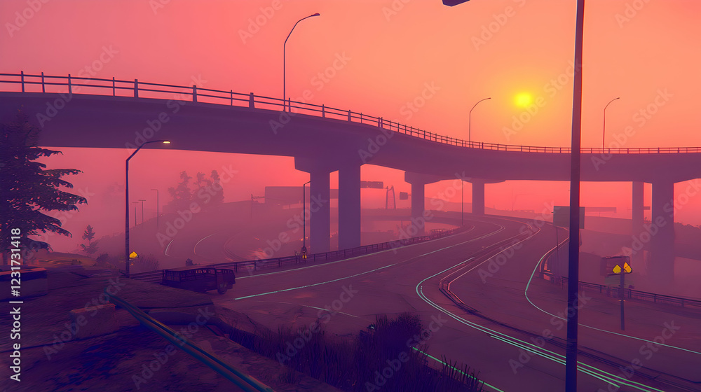 Highway sunset, vehicle, hazy landscape, travel