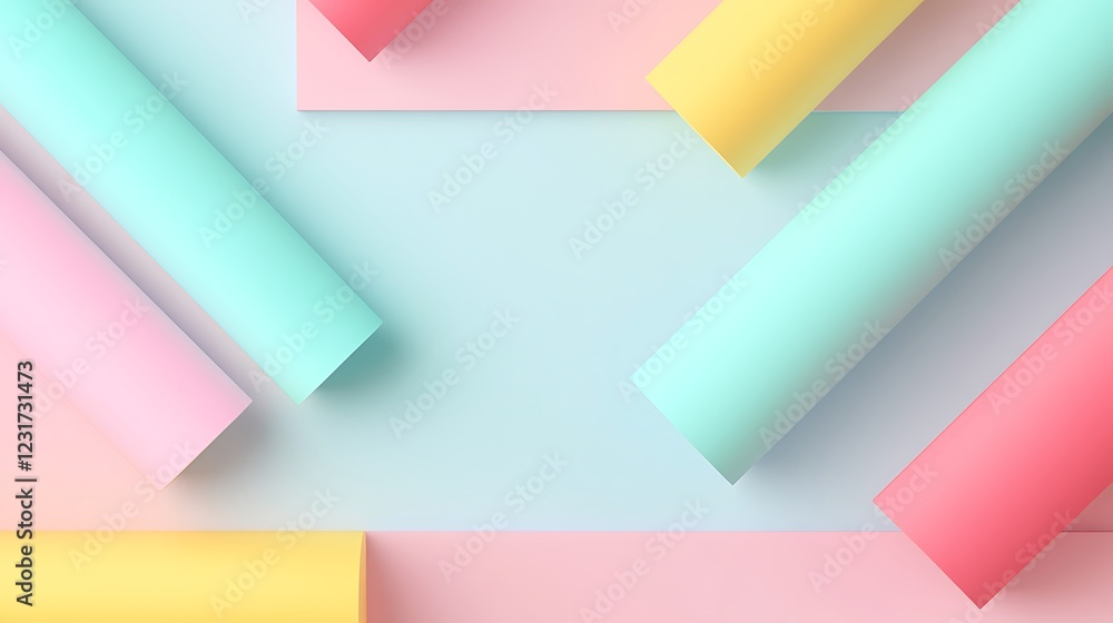Soft Pastel Color Background with Geometric Shapes and Rolled Paper for Creative Designs and Modern Aesthetics Soft Pastel Color Background with Geometric Shapes and Rolled Paper for Creative Designs and Modern Aesthetics