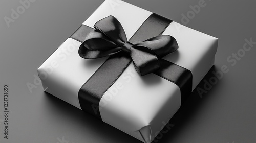 White gift box tied with black ribbon and a bow.