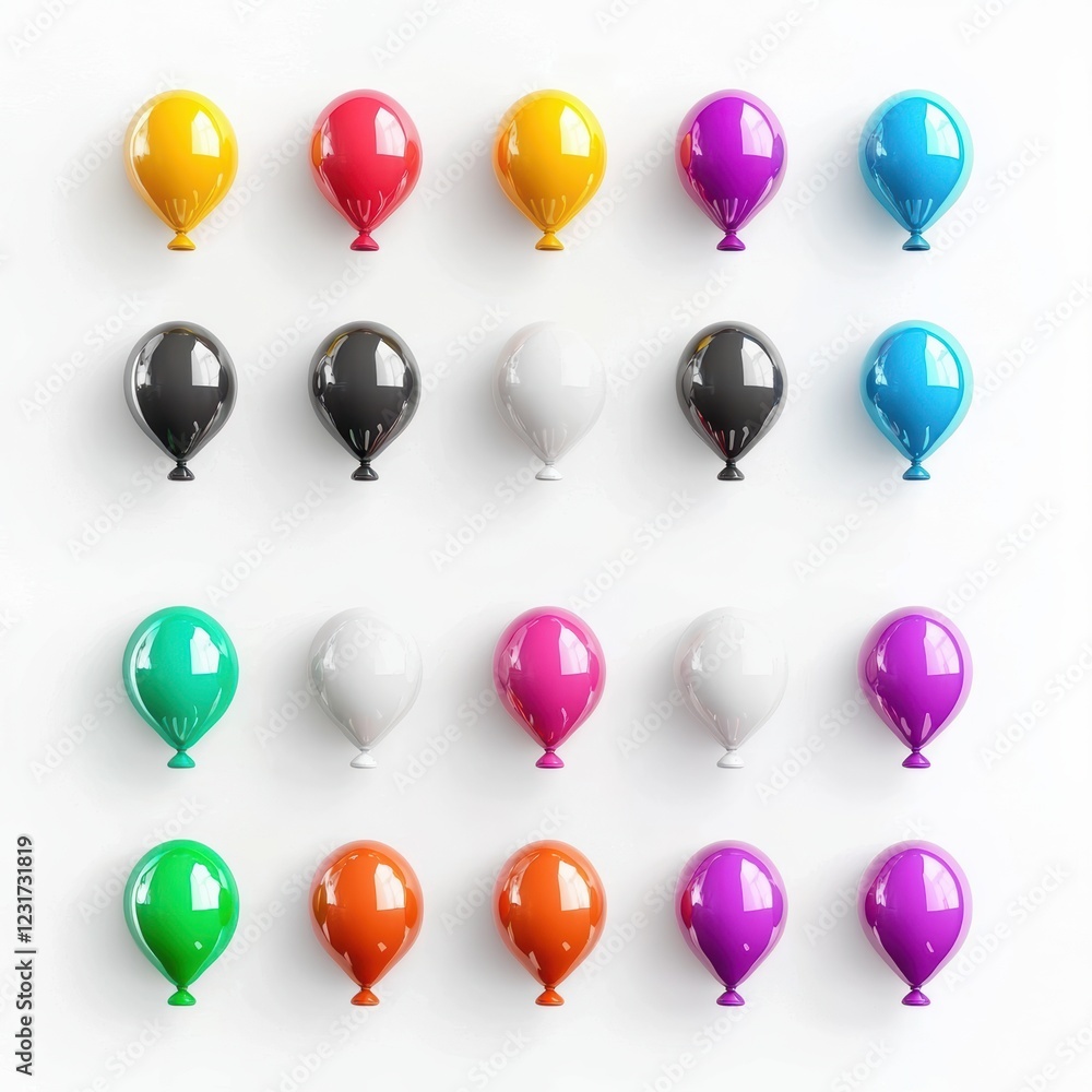 set of floating helium balloons in different colors, centered on a clean white background set of floating helium balloons in different colors, centered on a clean white background