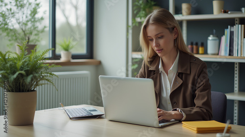 a woman sits at a laptop in the office
