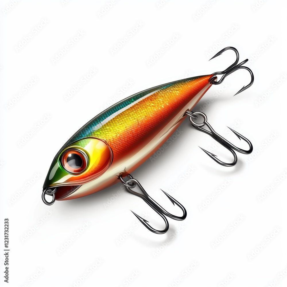 Shiny metallic fishing lure with treble hooks, isolated on a clean white background Shiny metallic fishing lure with treble hooks, isolated on a clean white background