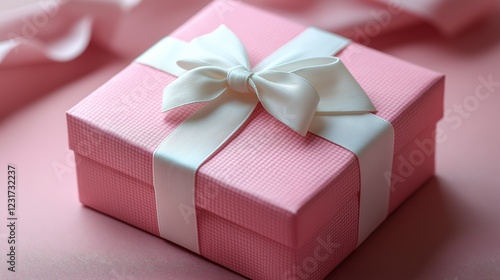 Pastel pink gift box tied with a ribbon and bow.